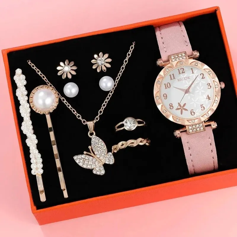 10pcs Women's Watch Set Fashion Casual Round WOMEN'S Quartz Watch Fashion Hairpin Earrings Necklace Ring Watch Set