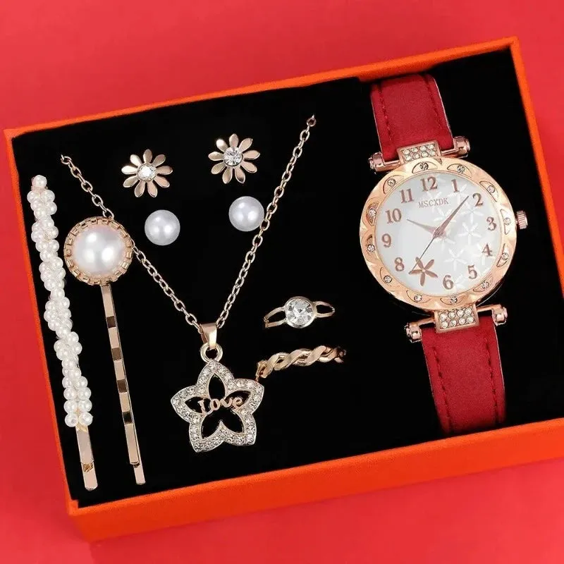 10pcs Women's Watch Set Fashion Casual Round WOMEN'S Quartz Watch Fashion Hairpin Earrings Necklace Ring Watch Set