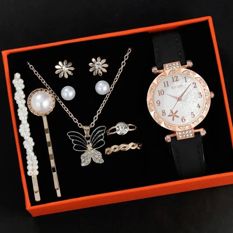 10pcs Women's Watch Set Fashion Casual Round WOMEN'S Quartz Watch Fashion Hairpin Earrings Necklace Ring Watch Set
