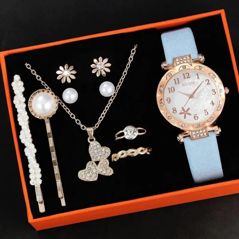 10pcs Women's Watch Set Fashion Casual Round WOMEN'S Quartz Watch Fashion Hairpin Earrings Necklace Ring Watch Set