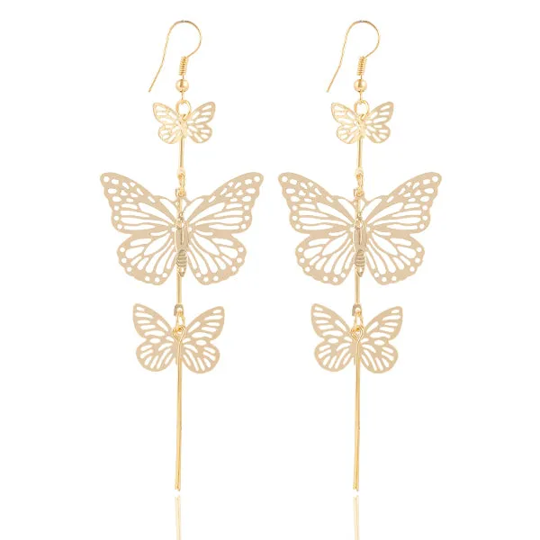 17KM New Fashion Gold Color Alloy Double bow Butterfly drop earrings jewelry Hollow flower Long tassels earring