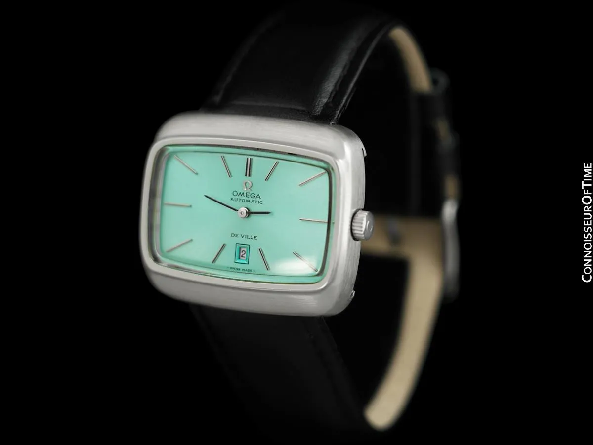 1970's Omega De Ville Mens Retro Dress TV Watch with Tiffany Blue Dial - Stainless Steel