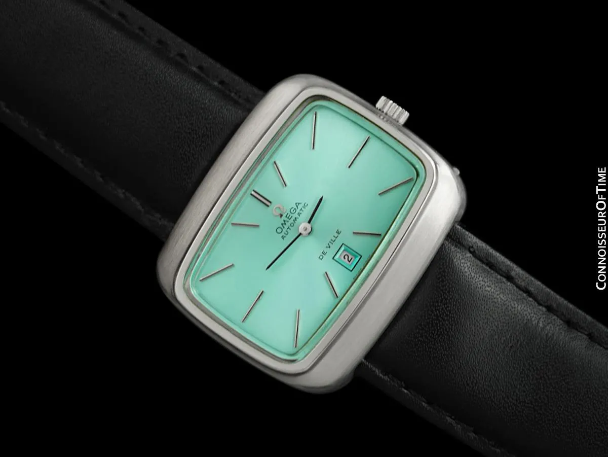 1970's Omega De Ville Mens Retro Dress TV Watch with Tiffany Blue Dial - Stainless Steel