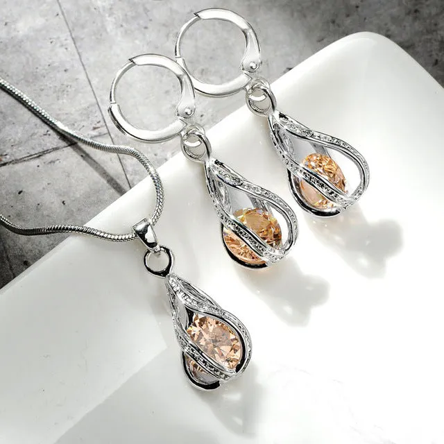 5 Colors Water Drop Pendent Transparent Zircon Cubic Snake Chain Necklace Earrings Jewelry Set for Women Bridal Wedding Party