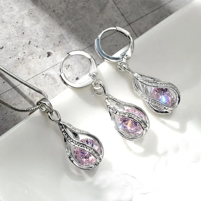 5 Colors Water Drop Pendent Transparent Zircon Cubic Snake Chain Necklace Earrings Jewelry Set for Women Bridal Wedding Party