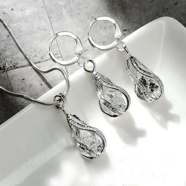 5 Colors Water Drop Pendent Transparent Zircon Cubic Snake Chain Necklace Earrings Jewelry Set for Women Bridal Wedding Party