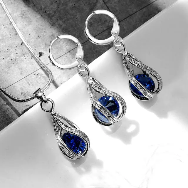 5 Colors Water Drop Pendent Transparent Zircon Cubic Snake Chain Necklace Earrings Jewelry Set for Women Bridal Wedding Party