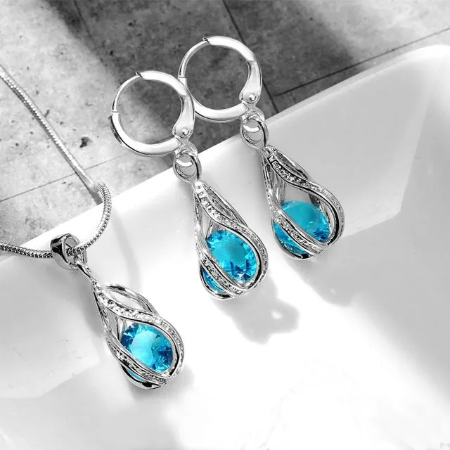 5 Colors Water Drop Pendent Transparent Zircon Cubic Snake Chain Necklace Earrings Jewelry Set for Women Bridal Wedding Party