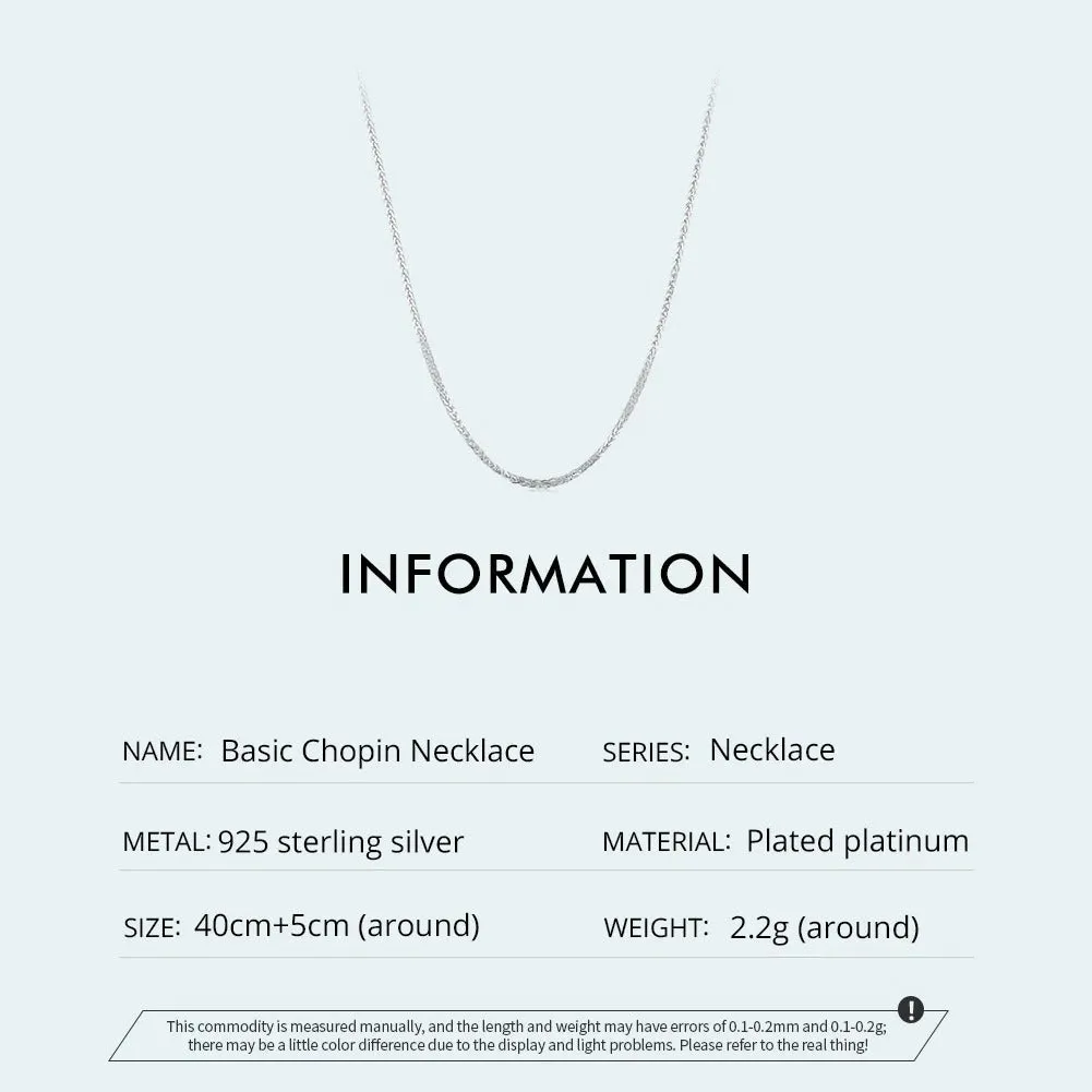 925 Sterling Silver Basic Chopin Necklace Simple Style Chain Link for Women Platinum Plated Fine Jewelry