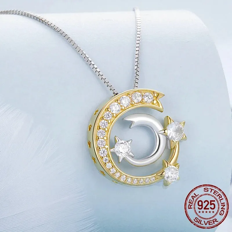 925 Sterling Silver Gold Meteor Pendant Necklace Moon and Star Neck Chain for Women Birthday Gift Fine Jewelry