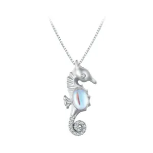 925 Sterling Silver Platinum Plated Monestone Seahorse Pendant Necklace Pave Setting CZ for Women Valentine's Day Gift