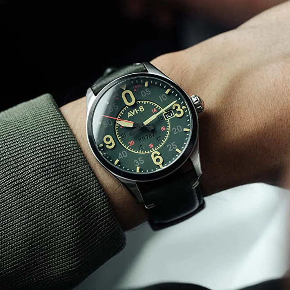 AVI-8 Unisex Green Dial Leather Band Japanese Automatic Watch - AV-4090-03