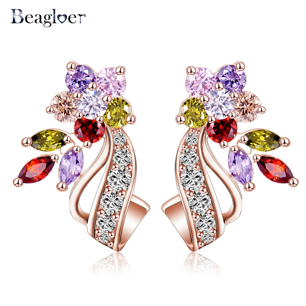 Beagloer Brand Top Selling Flower Stud Earring with Multicolor/Clear AAA Zirconia Stone Earring Bride Wedding  Jewelry CER0201-B