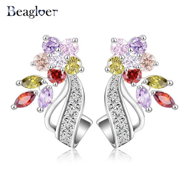 Beagloer Brand Top Selling Flower Stud Earring with Multicolor/Clear AAA Zirconia Stone Earring Bride Wedding  Jewelry CER0201-B