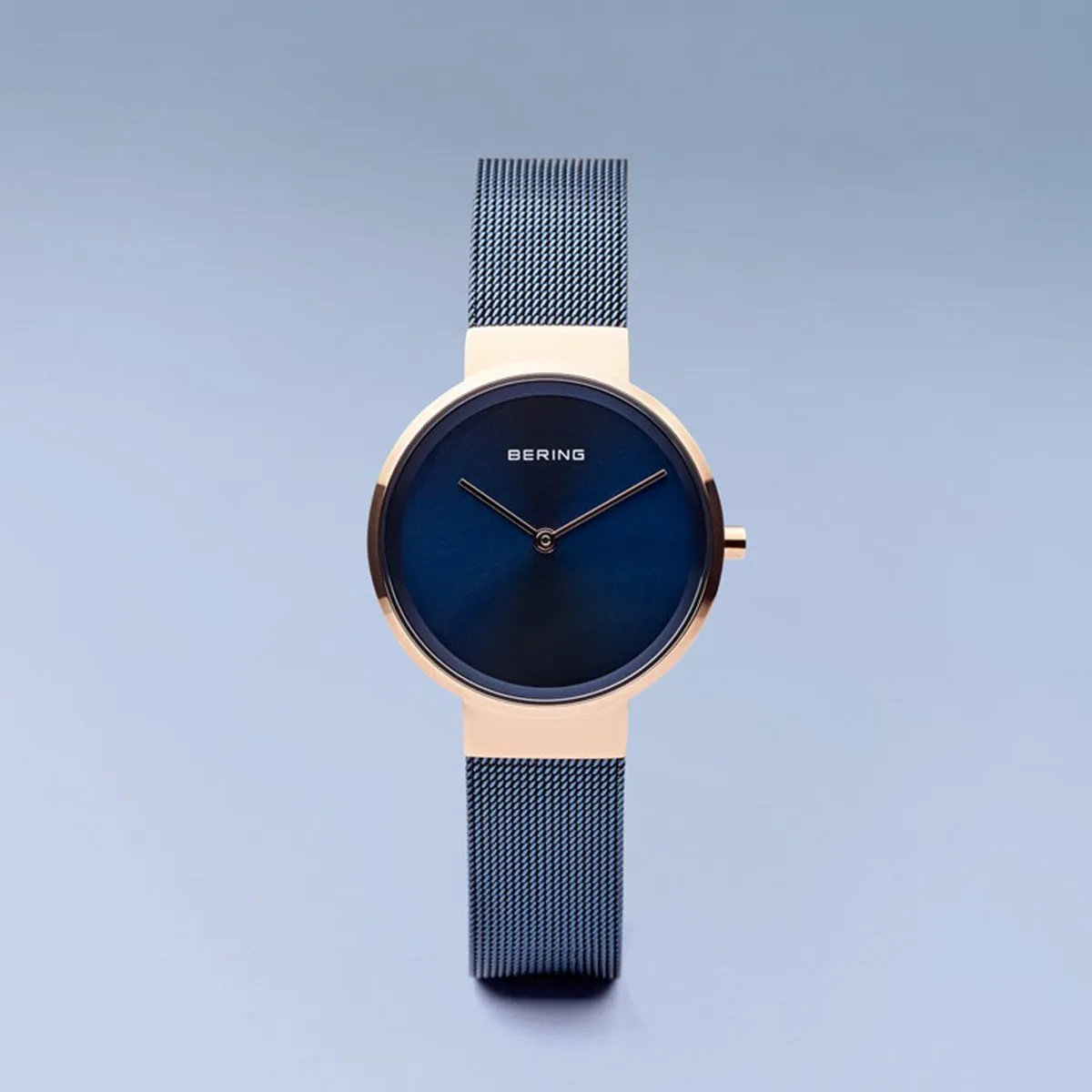 Bering Classic Polished Rose Gold Blue Mesh Watch
