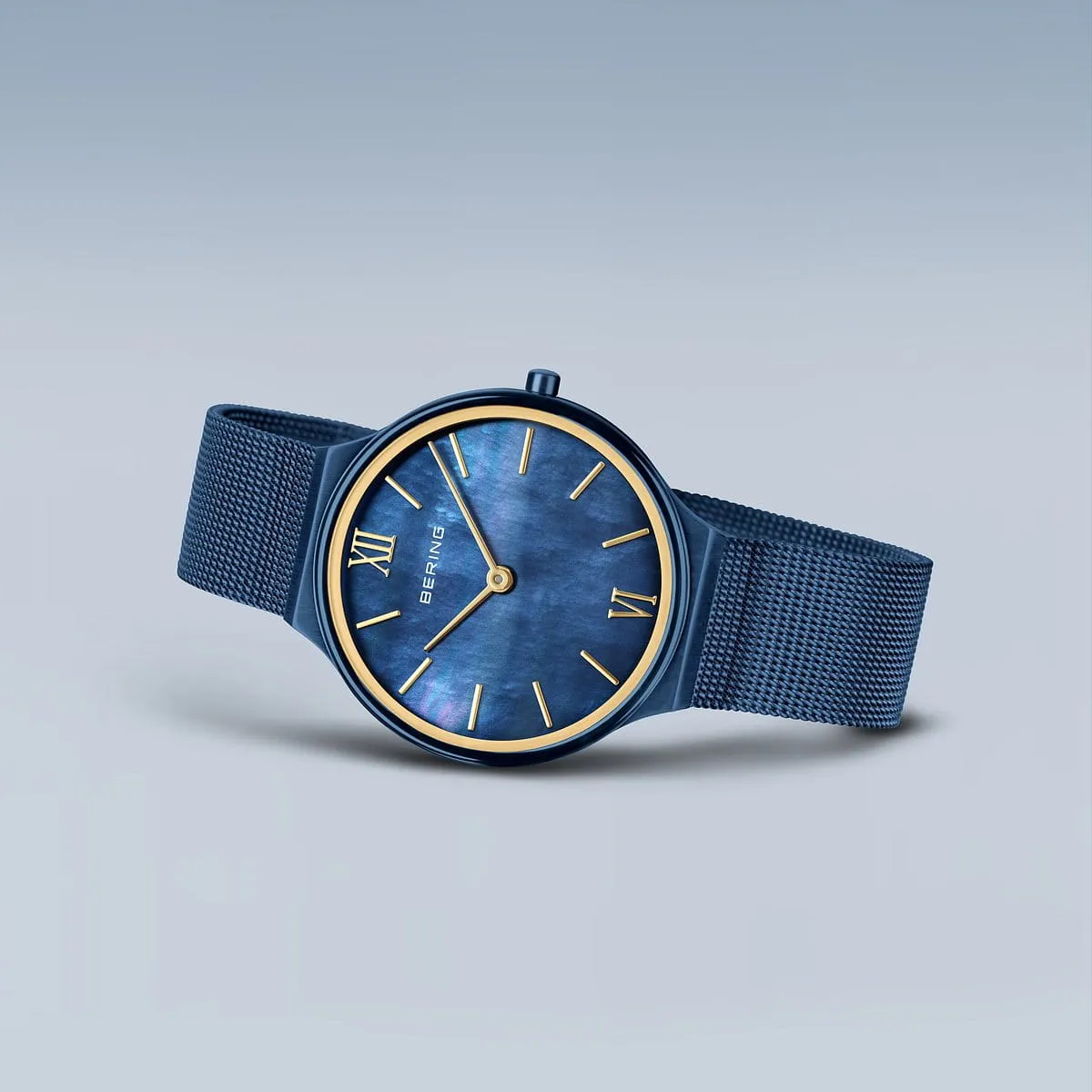 Bering Steel Ladies Ultra Slim Blue MOP Mesh Strap Watch