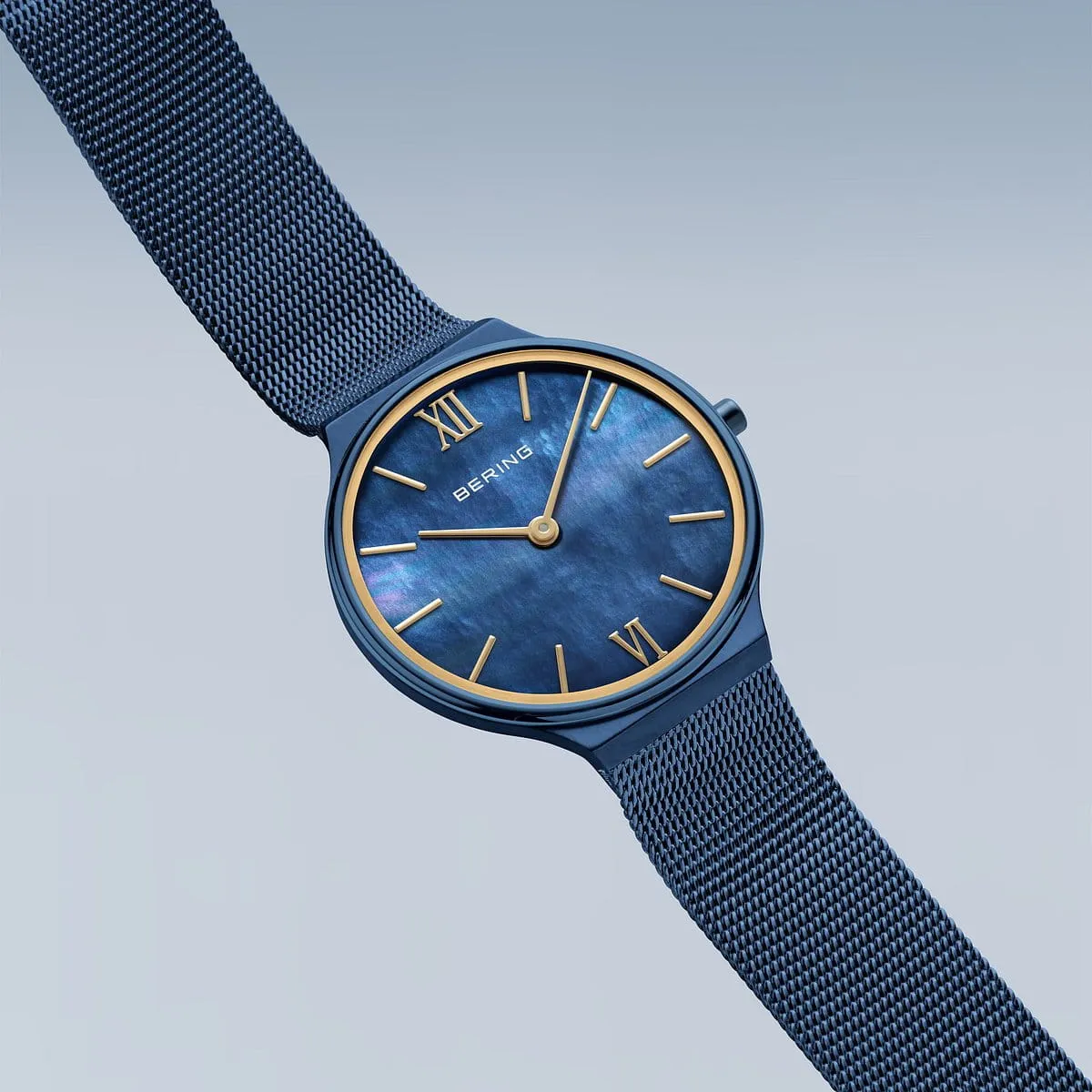 Bering Steel Ladies Ultra Slim Blue MOP Mesh Strap Watch