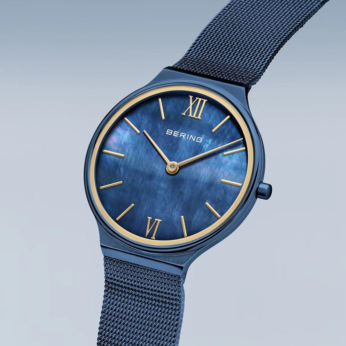 Bering Steel Ladies Ultra Slim Blue MOP Mesh Strap Watch