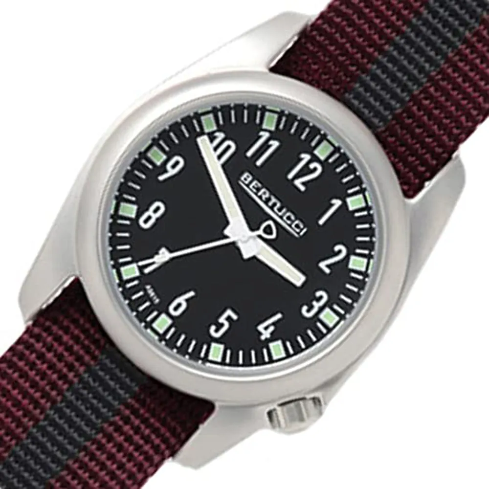 Bertucci Mens Ventara Stainless Steel Case and Crimson With Black Nylon Strap Black Dial Silver Watch - 11061