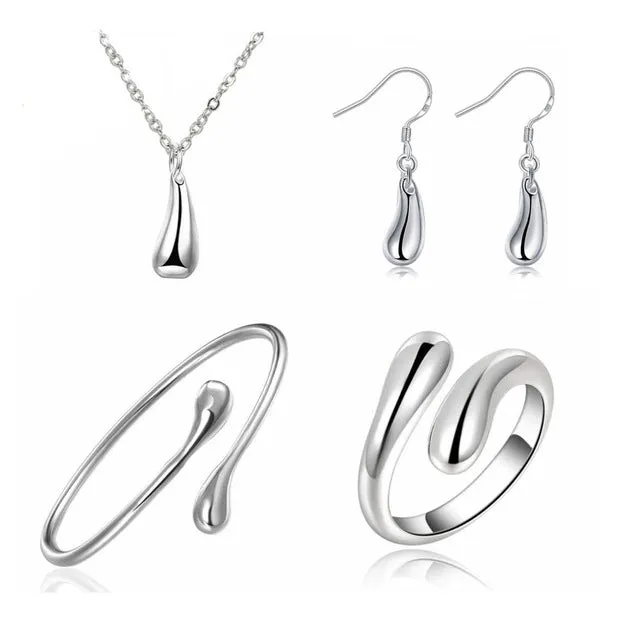 Big Promotion S222 Silver Color Water Drop Jewelry Sets Ring Necklace Bangle Earrings Women 925 Stamped Jewellry