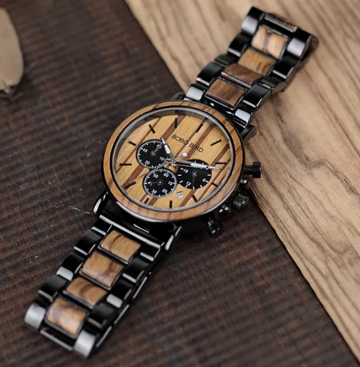 BOBO BIRD VINTAGE WOODEN AND STAINLESS STEEL WATCH