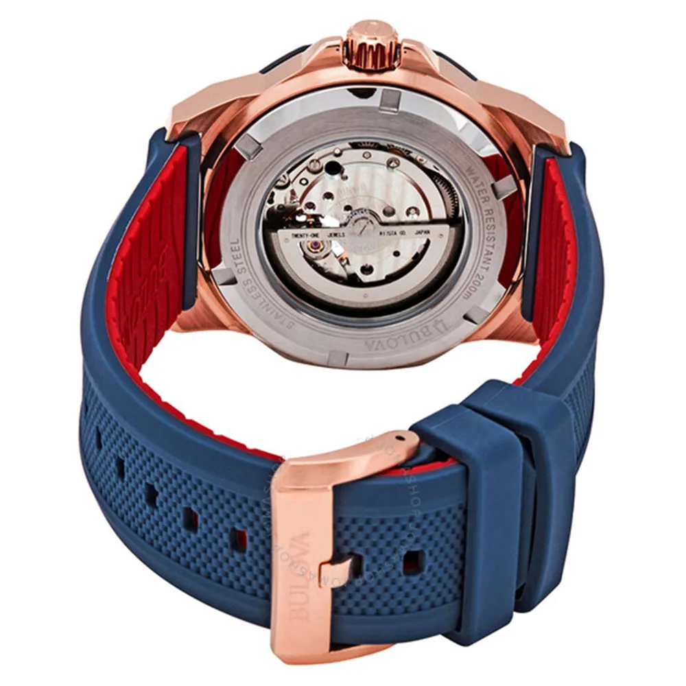 Bulova Classic Mens Blue Silicone Band Blue/Rose Gold Dial Automatic Watch - 98A227