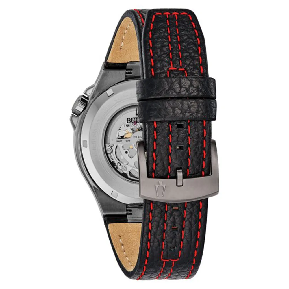 Bulova Precisionist Mens Black Leather Band Maquina Skeleton Dial Automatic Watch - 98A237