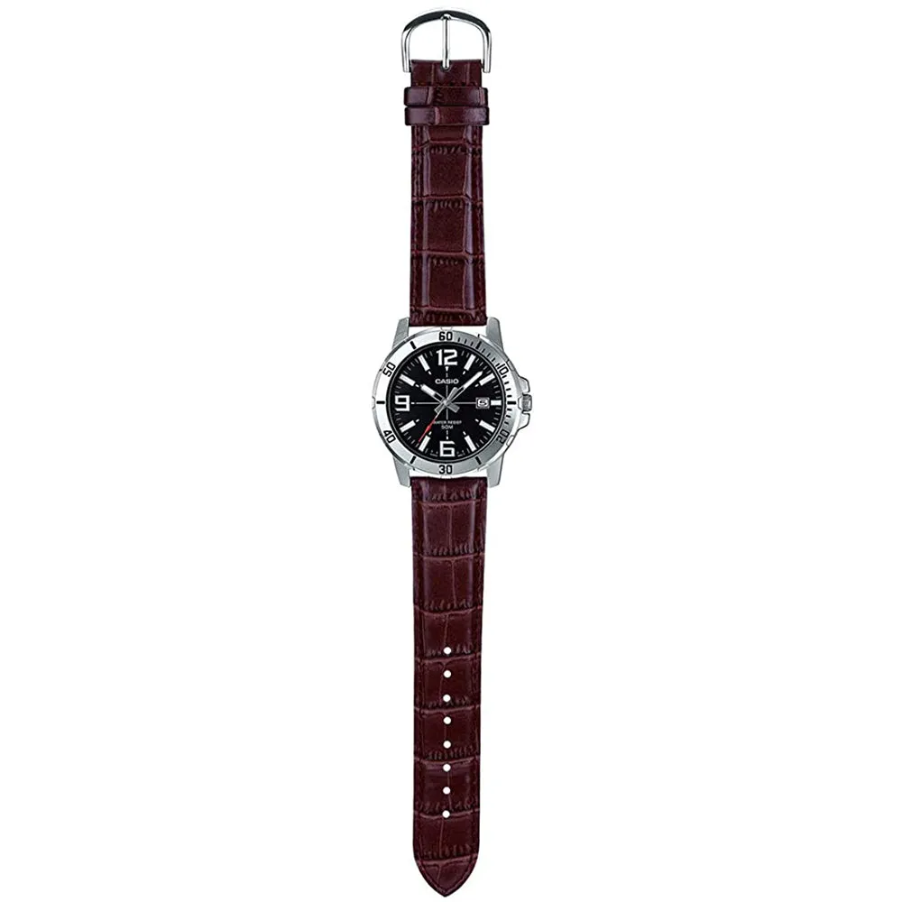 Casio Mens Enticer Brown Leather Strap Black Dial Casual Analog Sporty Watch - MTP-VD01L-1BVUDF