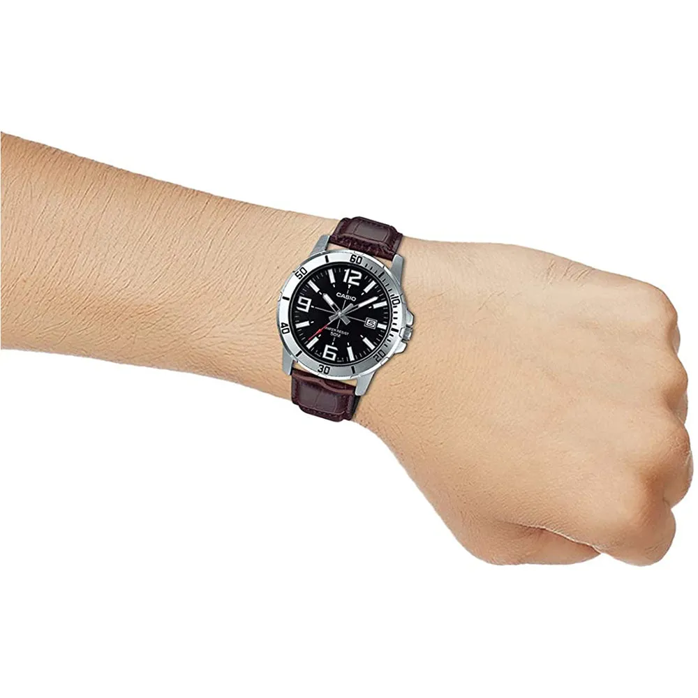 Casio Mens Enticer Brown Leather Strap Black Dial Casual Analog Sporty Watch - MTP-VD01L-1BVUDF