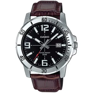 Casio Mens Enticer Brown Leather Strap Black Dial Casual Analog Sporty Watch - MTP-VD01L-1BVUDF
