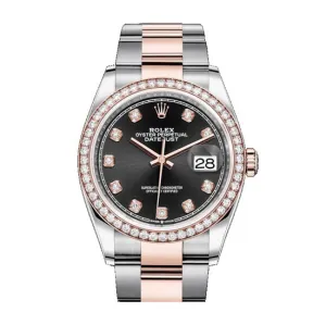 Certified Pre-Owned Rolex Diamond Accent Oyster Perpetual Datejust with 36X36 MM Black Round Dial Steel & 18K Everose Gold Oyster. 116201.2