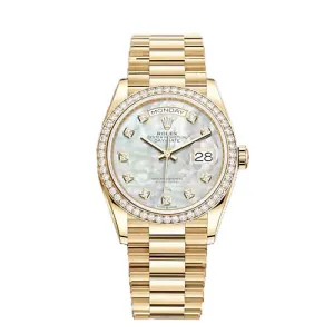 Certified Pre-Owned Rolex Diamond Accent Oyster Perpetual Day-Date Presidential with 36X36 MM White Round Dial 18KT Gold. 18238.1