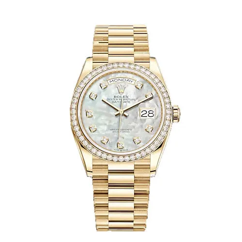 Certified Pre-Owned Rolex Diamond Accent Oyster Perpetual Day-Date Presidential with 36X36 MM White Round Dial 18KT Gold. 18238.1
