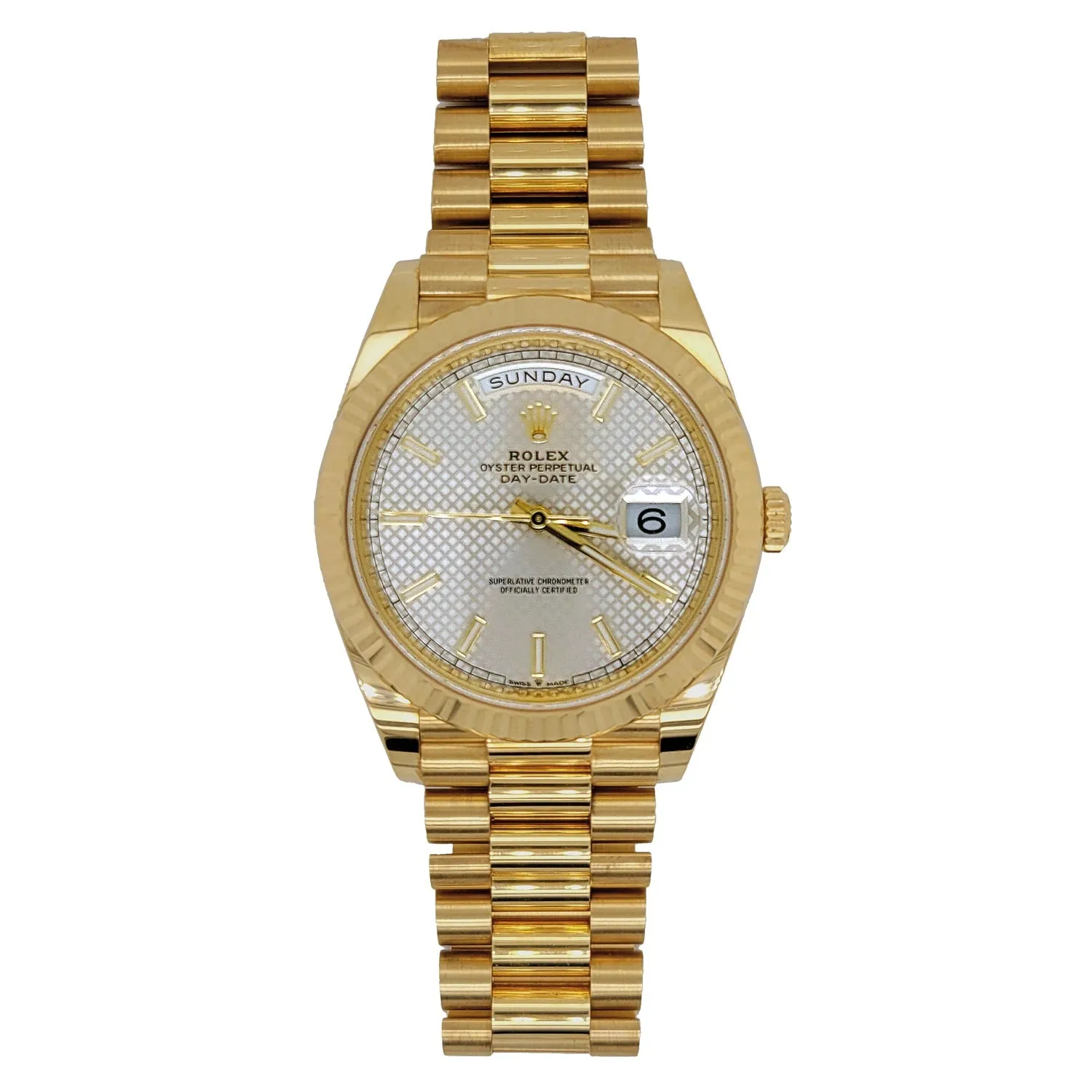 Certified Pre-Owned Rolex Presidential Day-Date Diamond Accent Oyster Perpetual with 40X40 MM Silvertone Round Dial 18KT Gold. 228238
