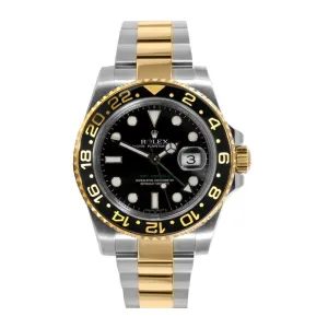 Certified Pre-Owned Rolex Two-Tone Steel & 18K Yellow Gold GMT-Master II Oyster Perpetual with 40X40 MM Black Round Dial. With Ceramic Bezel
