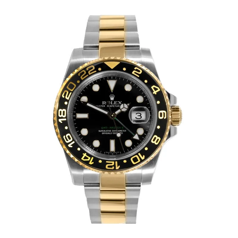 Certified Pre-Owned Rolex Two-Tone Steel & 18K Yellow Gold GMT-Master II Oyster Perpetual with 40X40 MM Black Round Dial. With Ceramic Bezel