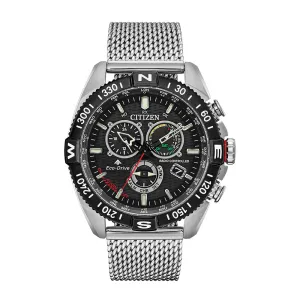 Citizen Eco-Drive Promaster Navihawk Mens Silver Stainless Steel Bracelet Band Black Quartz Dial Watch - CB5840-59E