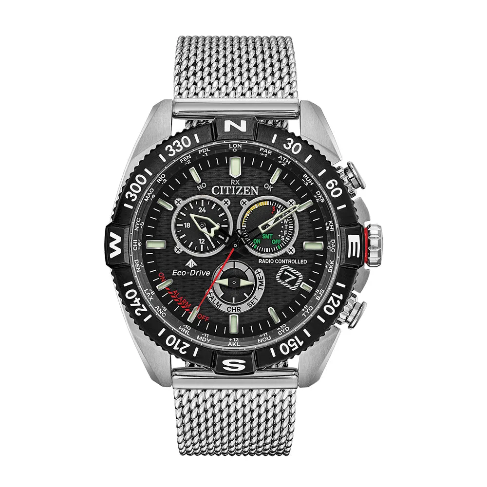 Citizen Eco-Drive Promaster Navihawk Mens Silver Stainless Steel Bracelet Band Black Quartz Dial Watch - CB5840-59E