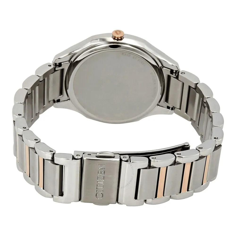 Citizen Eco-Drive Womens Silver/Rose Gold Stainless Steel Band Silver Quartz Dial Watch - EM0756-53A