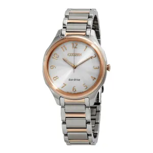 Citizen Eco-Drive Womens Silver/Rose Gold Stainless Steel Band Silver Quartz Dial Watch - EM0756-53A