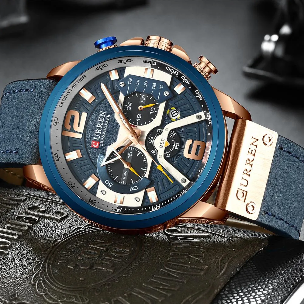 CURREN Chic Fashionable Sport Watch for Men Blue Top Brand Luxury Military Leather Chronograph WristWatch