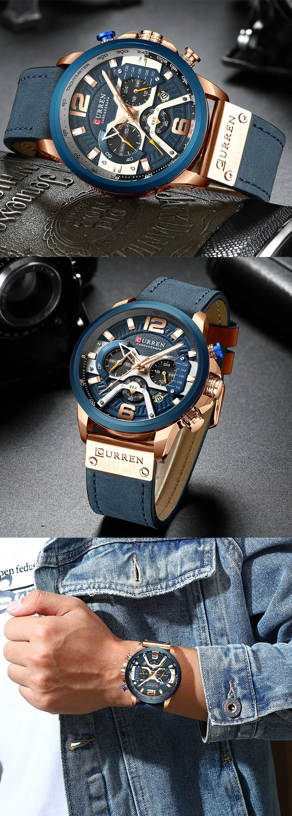 CURREN Chic Fashionable Sport Watch for Men Blue Top Brand Luxury Military Leather Chronograph WristWatch