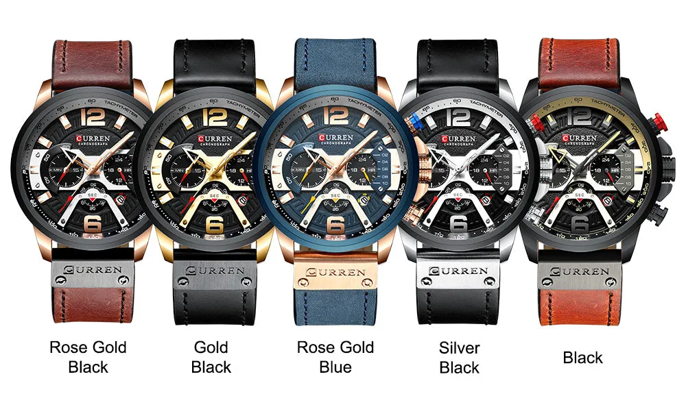 CURREN Chic Fashionable Sport Watch for Men Blue Top Brand Luxury Military Leather Chronograph WristWatch