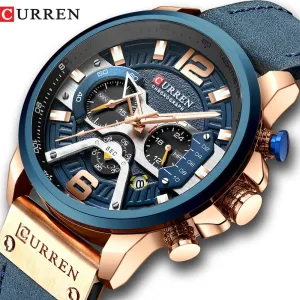 CURREN Chic Fashionable Sport Watch for Men Blue Top Brand Luxury Military Leather Chronograph WristWatch