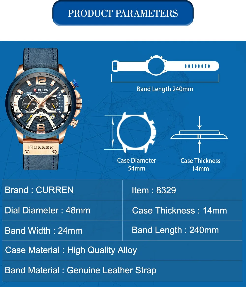 CURREN Chic Fashionable Sport Watch for Men Blue Top Brand Luxury Military Leather Chronograph WristWatch