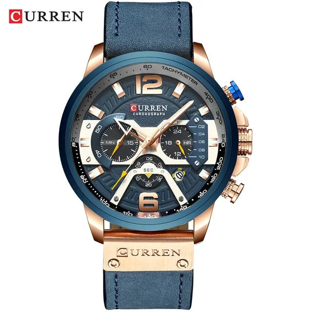 CURREN Chic Fashionable Sport Watch for Men Blue Top Brand Luxury Military Leather Chronograph WristWatch