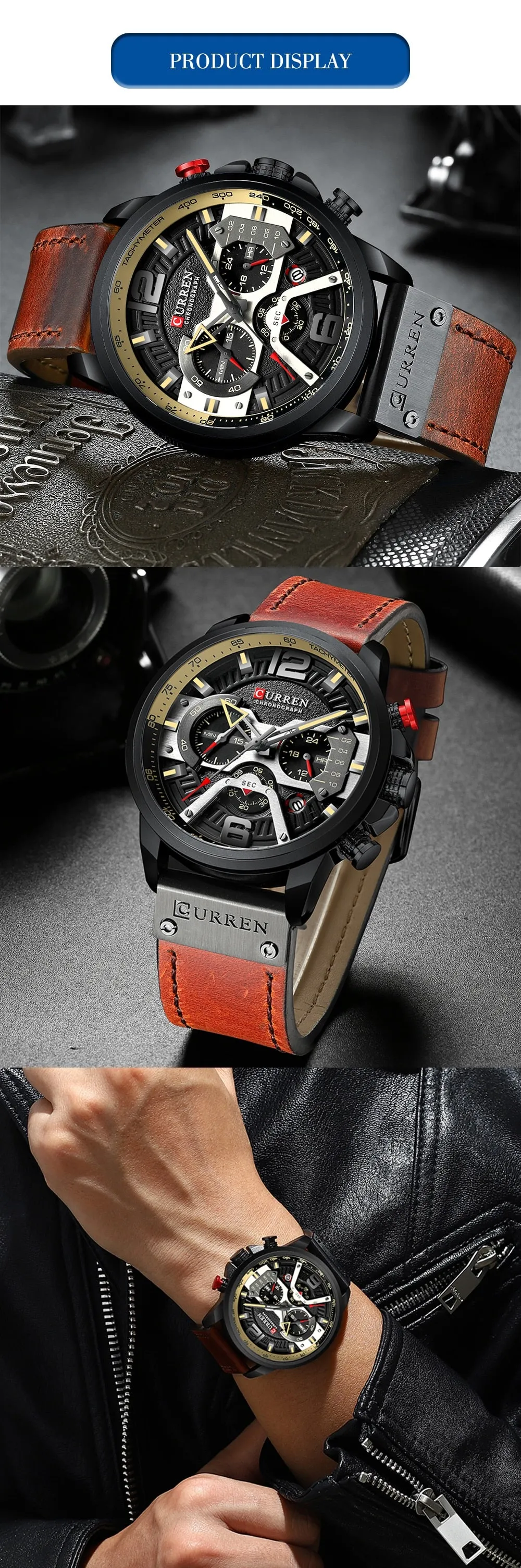 CURREN Chic Fashionable Sport Watch for Men Blue Top Brand Luxury Military Leather Chronograph WristWatch