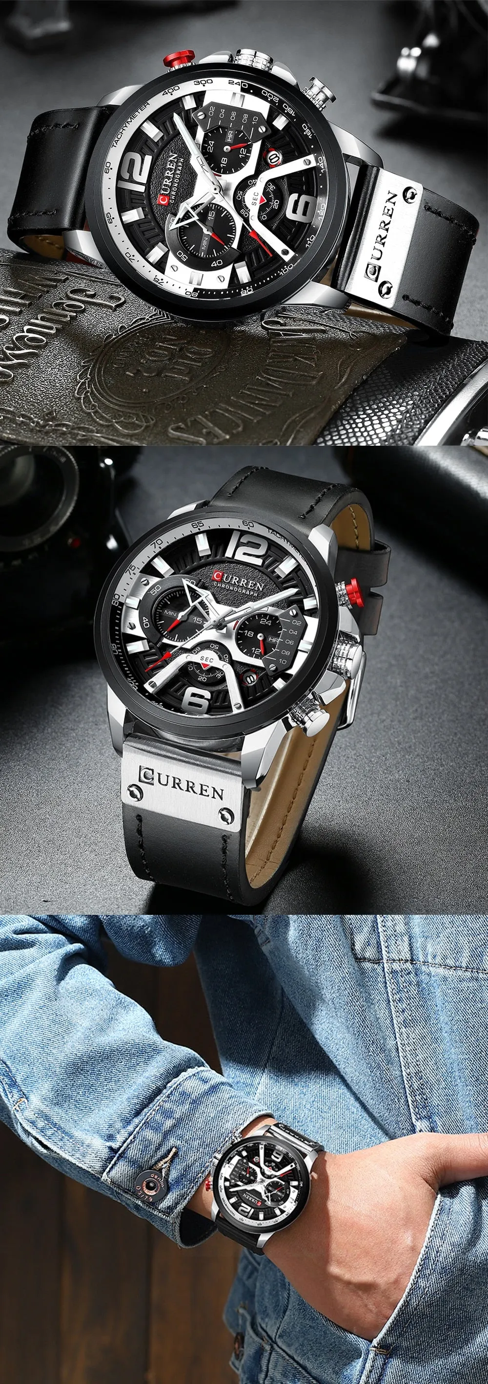 CURREN Chic Fashionable Sport Watch for Men Blue Top Brand Luxury Military Leather Chronograph WristWatch