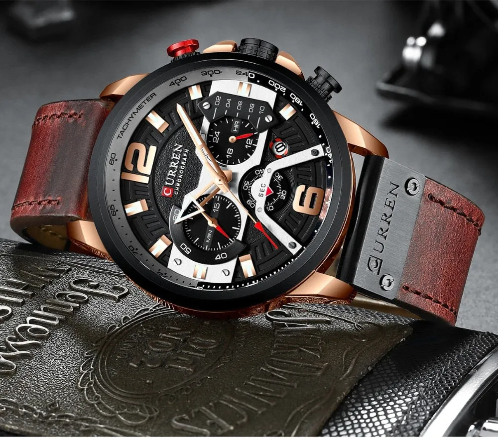 CURREN Chic Fashionable Sport Watch for Men Blue Top Brand Luxury Military Leather Chronograph WristWatch
