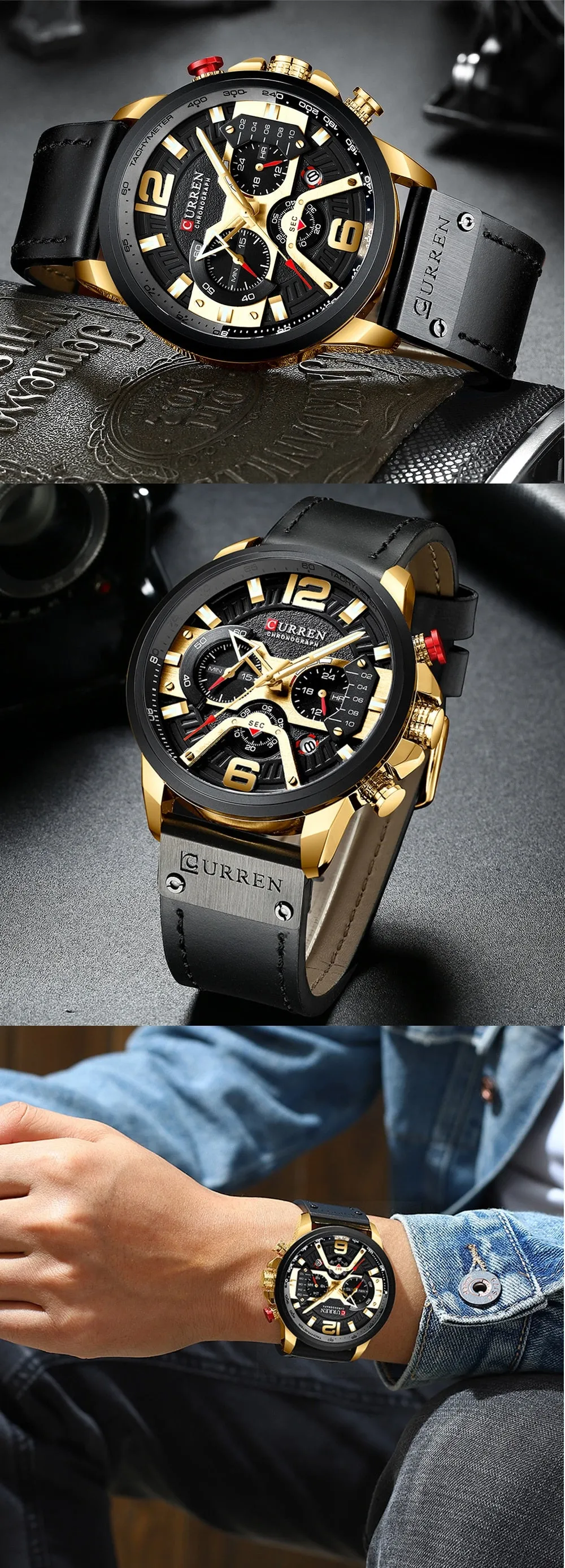 CURREN Chic Fashionable Sport Watch for Men Blue Top Brand Luxury Military Leather Chronograph WristWatch